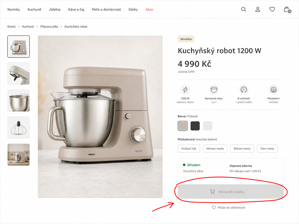 Modelová produktová stránka s nevýrazným šedým tlačítkem Přidat do košíku označeným červeně